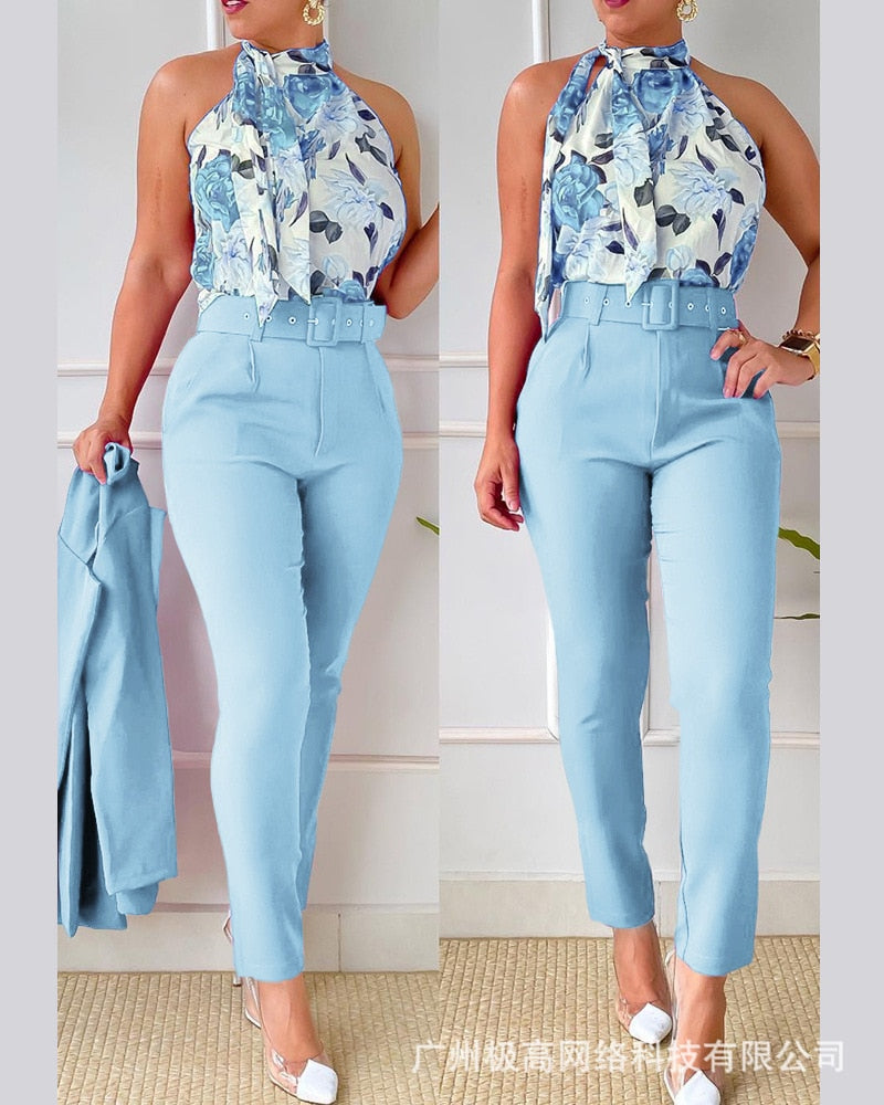 Floral Print Halter Tank Top - High Waist Pants Set With Belt Women 2pcs Clothes Suit Sleeveless Camis Tanks Tops Long Pants