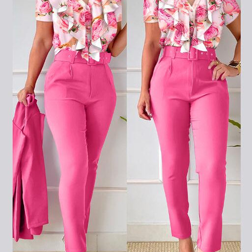 Floral Print Halter Tank Top - High Waist Pants Set With Belt Women 2pcs Clothes Suit Sleeveless Camis Tanks Tops Long Pants LZR16120A