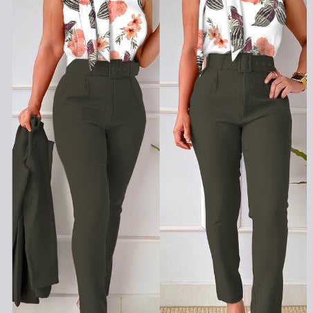 Floral Print Halter Tank Top - High Waist Pants Set With Belt Women 2pcs Clothes Suit Sleeveless Camis Tanks Tops Long Pants LZR16120A2