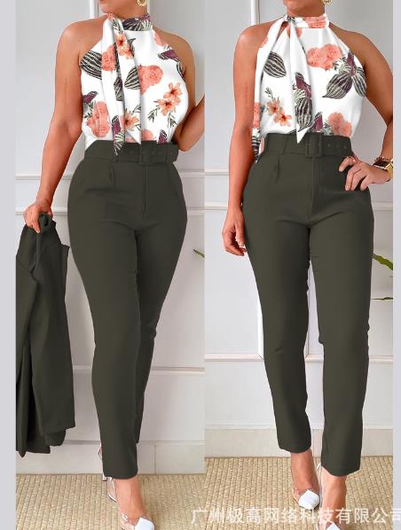 Floral Print Halter Tank Top - High Waist Pants Set With Belt Women 2pcs Clothes Suit Sleeveless Camis Tanks Tops Long Pants LZR16120A2