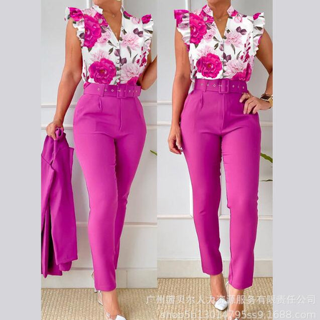 Floral Print Halter Tank Top - High Waist Pants Set With Belt Women 2pcs Clothes Suit Sleeveless Camis Tanks Tops Long Pants LZR16120B