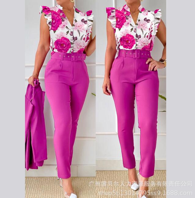 Floral Print Halter Tank Top - High Waist Pants Set With Belt Women 2pcs Clothes Suit Sleeveless Camis Tanks Tops Long Pants LZR16120B