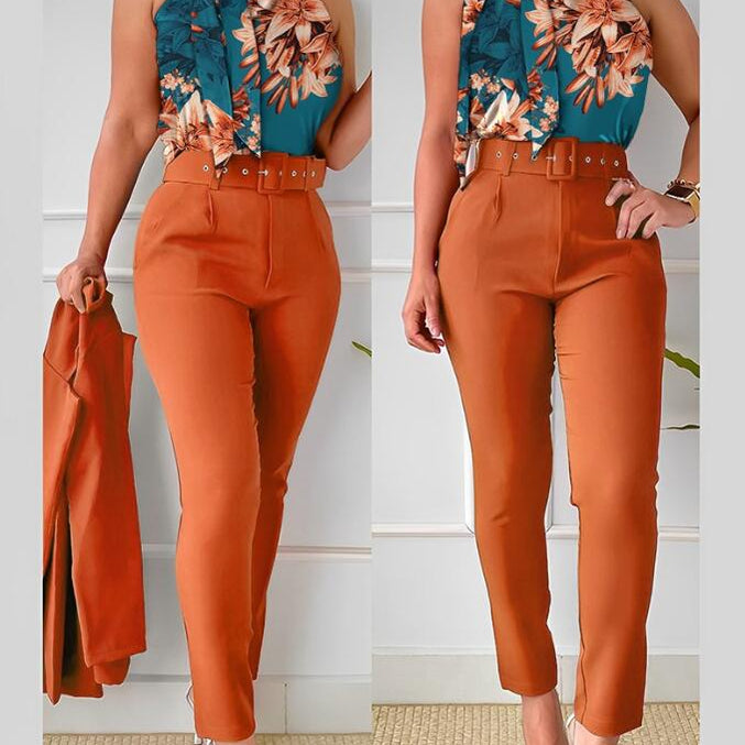 Floral Print Halter Tank Top - High Waist Pants Set With Belt Women 2pcs Clothes Suit Sleeveless Camis Tanks Tops Long Pants LZR16120A6