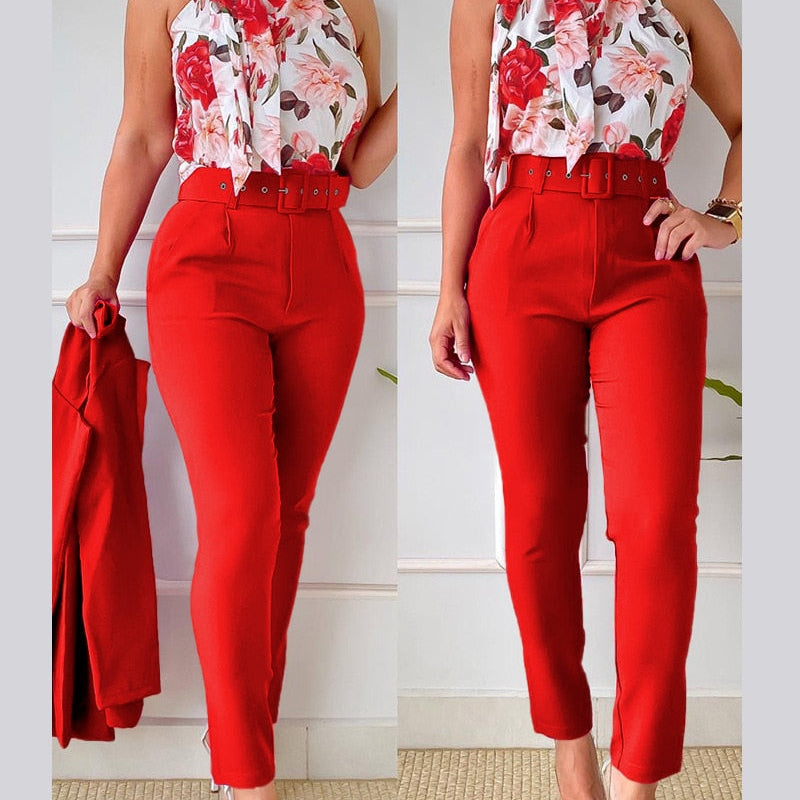 Floral Print Halter Tank Top - High Waist Pants Set With Belt Women 2pcs Clothes Suit Sleeveless Camis Tanks Tops Long Pants