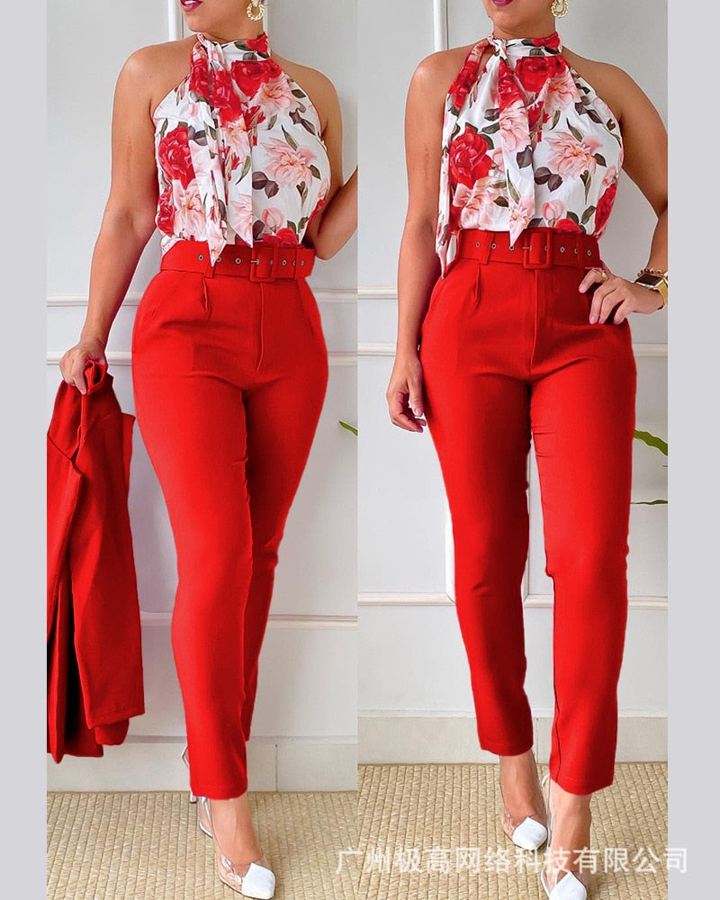 Floral Print Halter Tank Top - High Waist Pants Set With Belt Women 2pcs Clothes Suit Sleeveless Camis Tanks Tops Long Pants