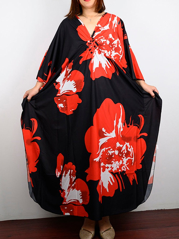 Floral Print Swimsuit Cover Up Robe De Plage Summer Bohemian Dress Loose Beachwear Cover-ups Beach Kaftan Pareo Dress Color 006 One Size