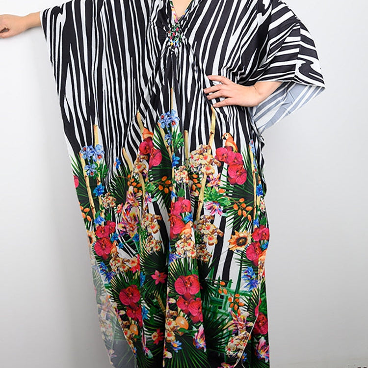 Floral Print Swimsuit Cover Up Robe De Plage Summer Bohemian Dress Loose Beachwear Cover-ups Beach Kaftan Pareo Dress Color 003 One Size