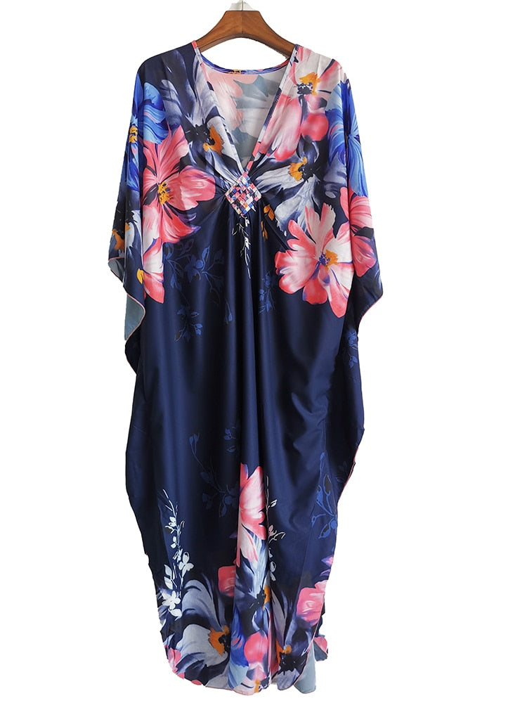 Floral Print Swimsuit Cover Up Robe De Plage Summer Bohemian Dress Loose Beachwear Cover-ups Beach Kaftan Pareo Dress Color 008 One Size