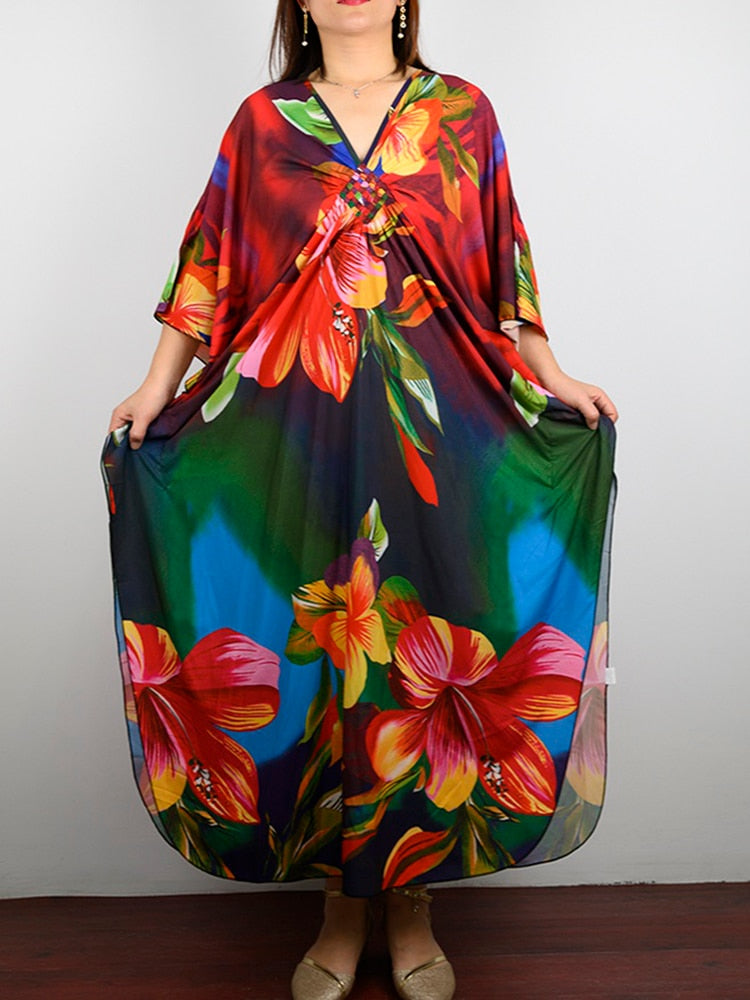 Floral Print Swimsuit Cover Up Robe De Plage Summer Bohemian Dress Loose Beachwear Cover-ups Beach Kaftan Pareo Dress Color 002 One Size