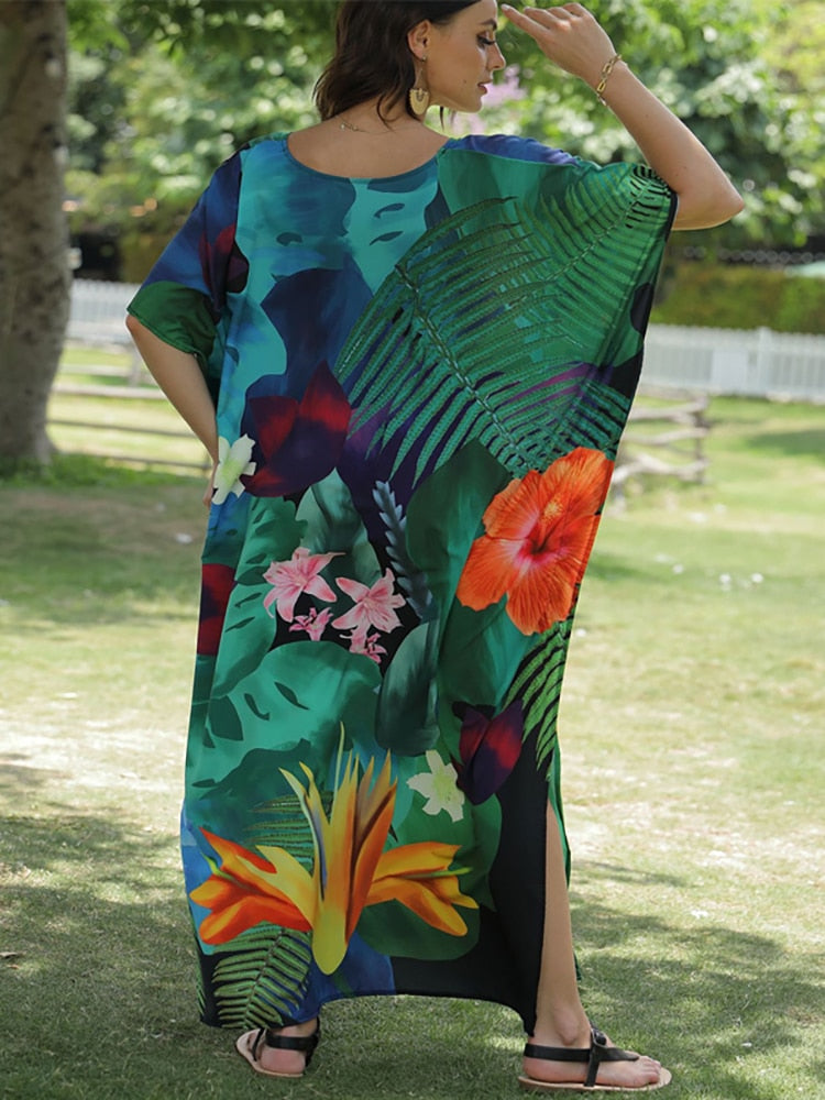 Floral Print Swimsuit Cover Up Robe De Plage Summer Bohemian Dress Loose Beachwear Cover-ups Beach Kaftan Pareo Dress