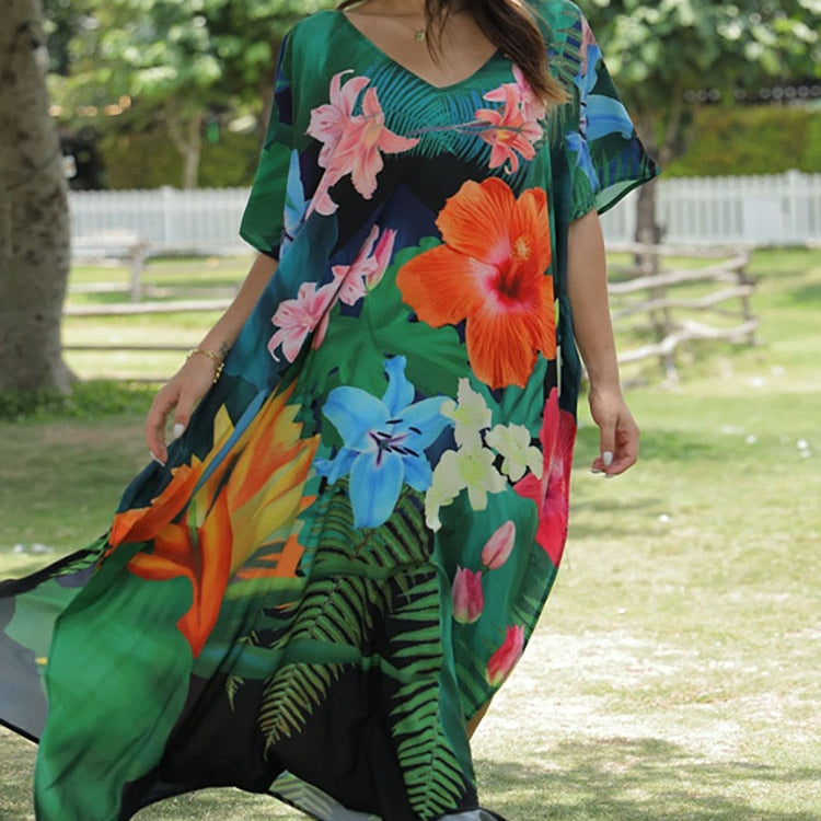 Floral Print Swimsuit Cover Up Robe De Plage Summer Bohemian Dress Loose Beachwear Cover-ups Beach Kaftan Pareo Dress Green One Size