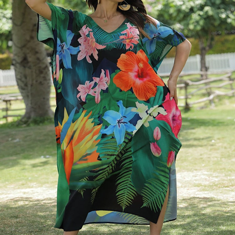 Floral Print Swimsuit Cover Up Robe De Plage Summer Bohemian Dress Loose Beachwear Cover-ups Beach Kaftan Pareo Dress AMAIO