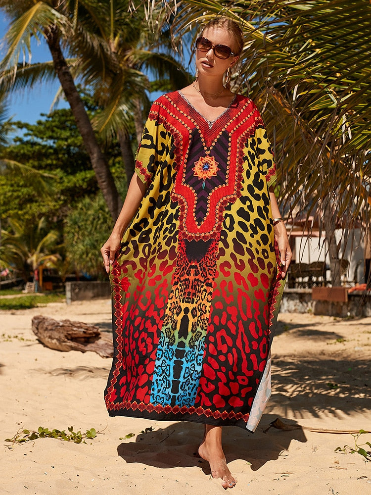 Floral Print Swimsuit Cover Up Robe De Plage Summer Bohemian Dress Loose Beachwear Cover-ups Beach Kaftan Pareo Dress Color 015 One Size