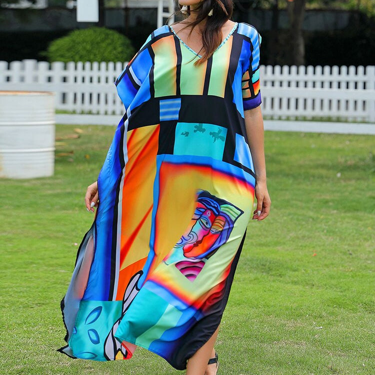 Floral Print Swimsuit Cover Up Robe De Plage Summer Bohemian Dress Loose Beachwear Cover-ups Beach Kaftan Pareo Dress Color 010 One Size