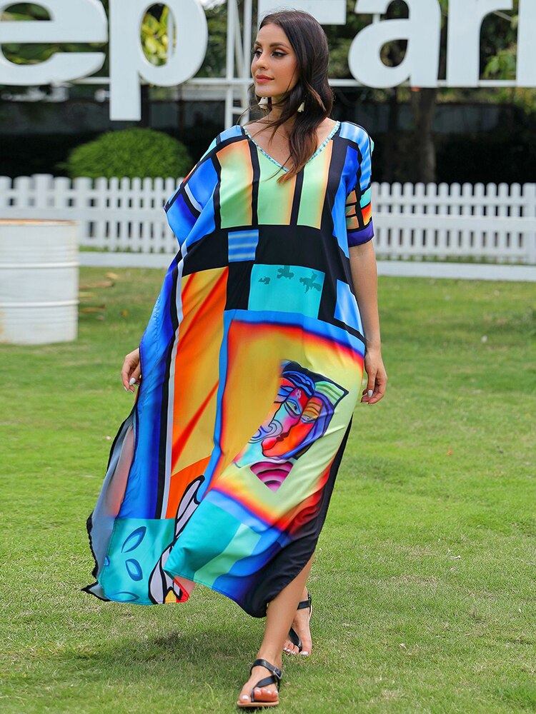 Floral Print Swimsuit Cover Up Robe De Plage Summer Bohemian Dress Loose Beachwear Cover-ups Beach Kaftan Pareo Dress Color 010 One Size