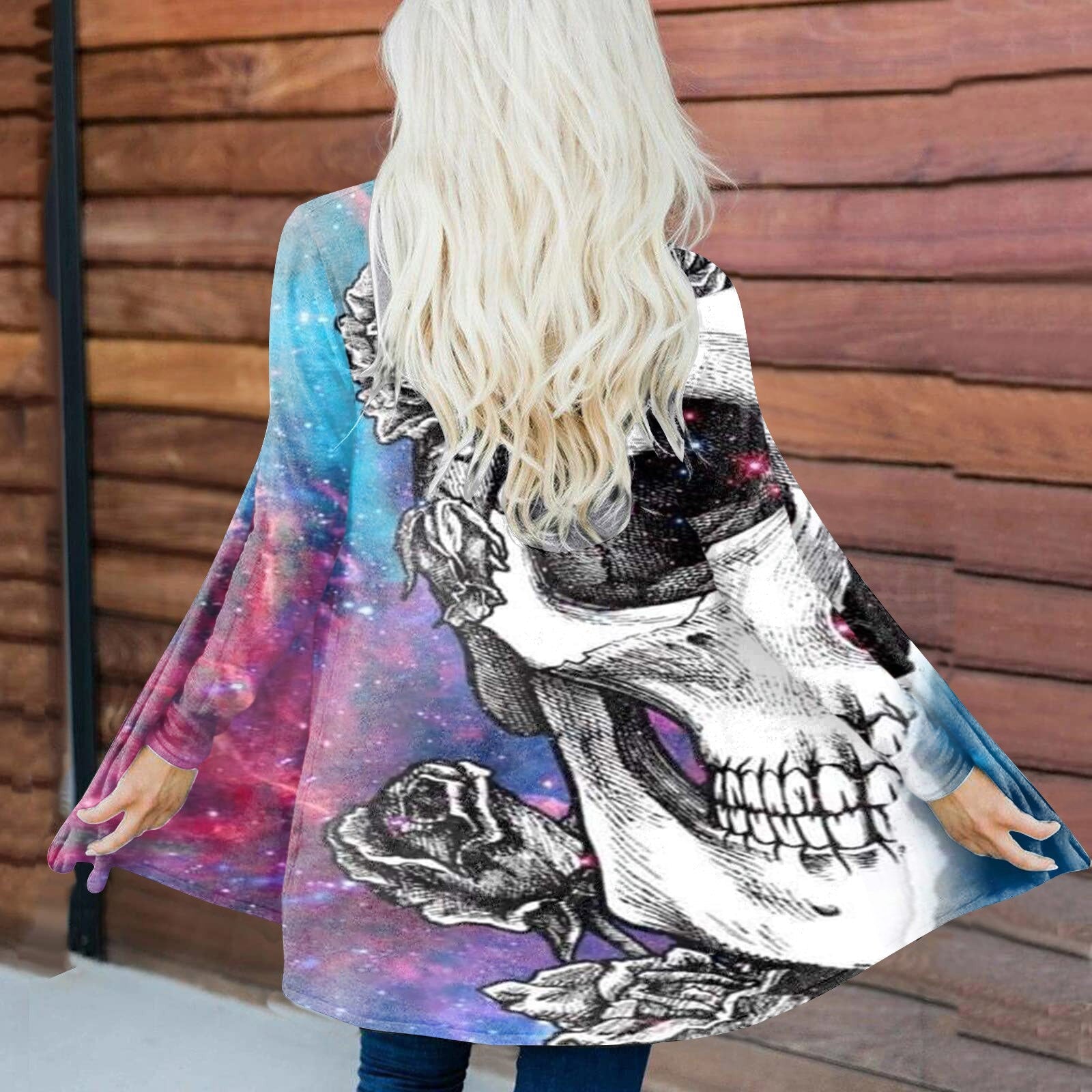 Floral Skull Print Cardigan Women Halloween Autumn Winter Casual Open Stitch Ladies Elegant Sweater Coat Casual Blouse Clothes Pink