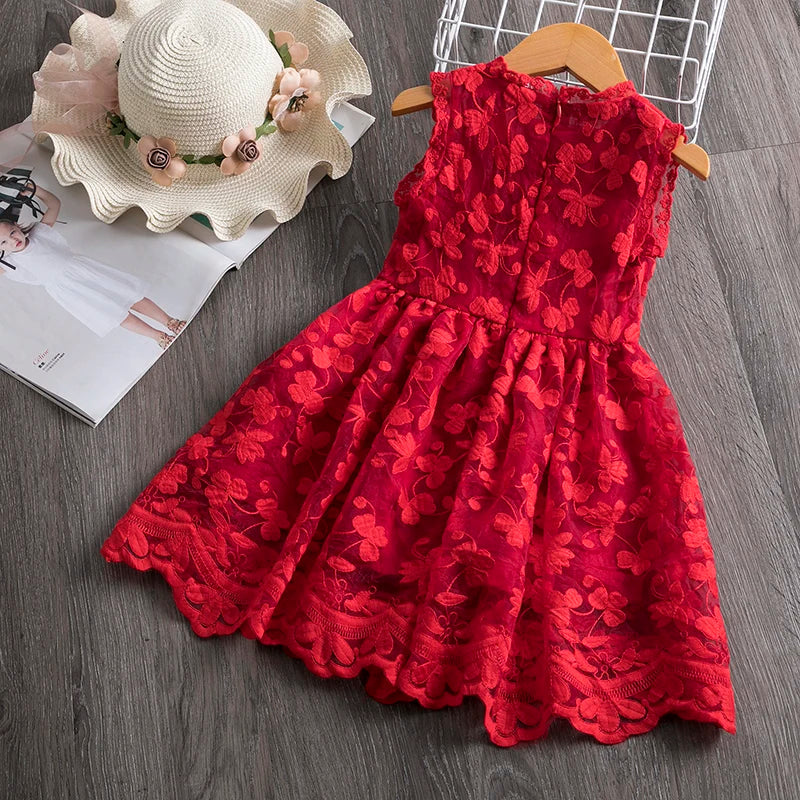 Flower Lace Baby Summer Dresses for Girls Sleeveless 2-6 Yrs Children Casual Clothing Red New Year Party Kids Dress