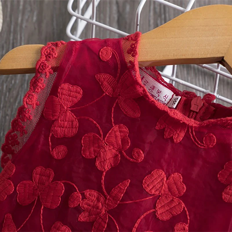 Flower Lace Baby Summer Dresses for Girls Sleeveless 2-6 Yrs Children Casual Clothing Red New Year Party Kids Dress