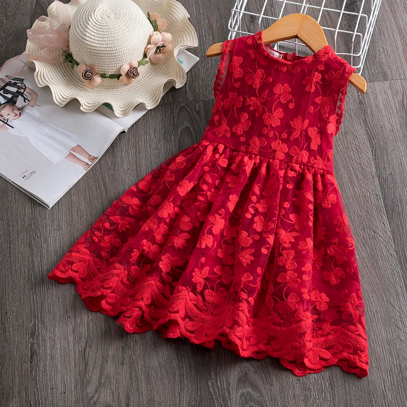 Flower Lace Baby Summer Dresses for Girls Sleeveless 2-6 Yrs Children Casual Clothing Red New Year Party Kids Dress Red
