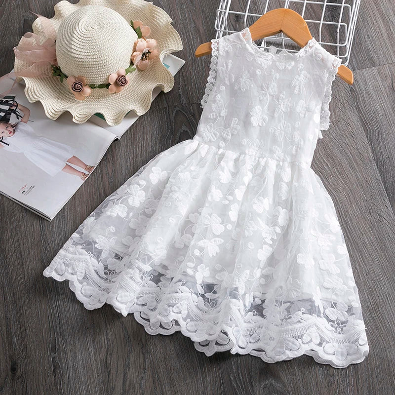 Flower Lace Baby Summer Dresses for Girls Sleeveless 2-6 Yrs Children Casual Clothing Red New Year Party Kids Dress White
