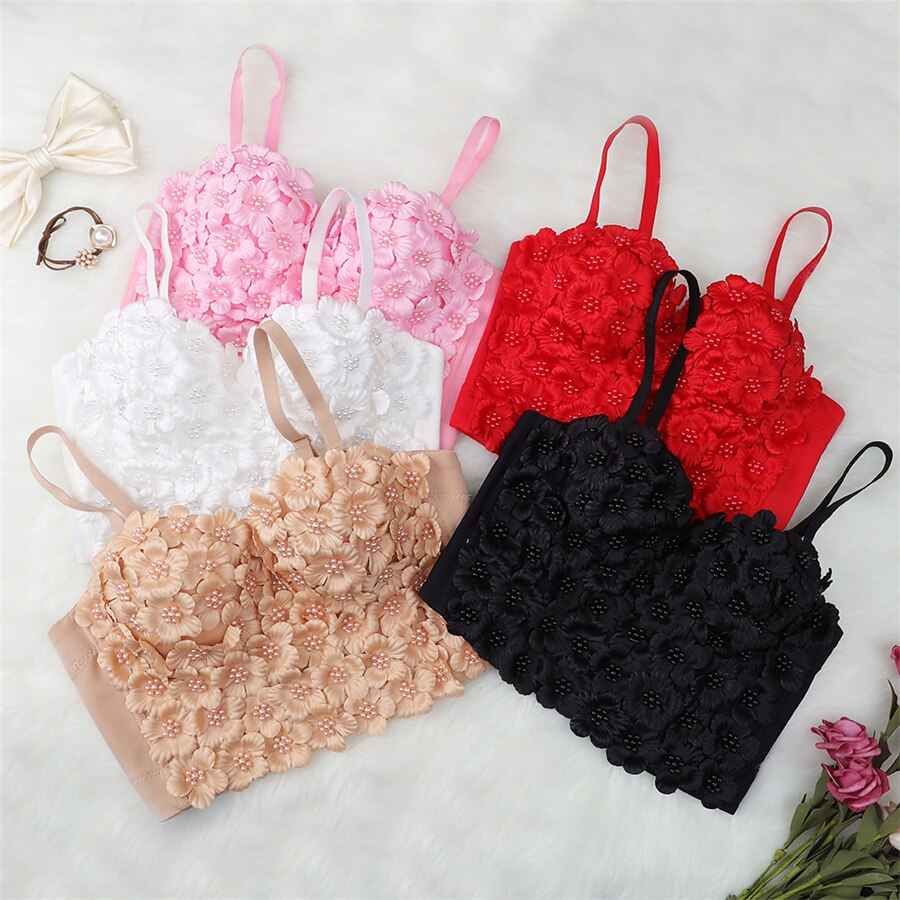 Flower Pearl Female Crop Top With Built In Bra Women Harajuku Backless Solid Party Club Push Up Bralette Clothing