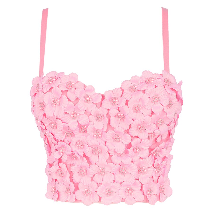 Flower Pearl Female Crop Top With Built In Bra Women Harajuku Backless Solid Party Club Push Up Bralette Clothing Pink