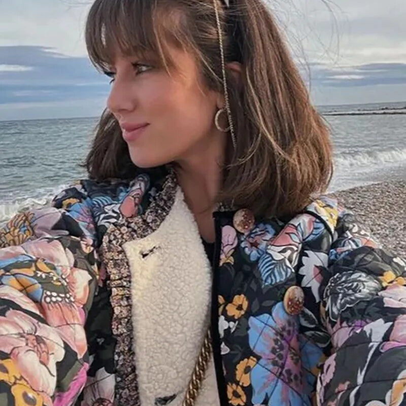 Flower Printed Spliced Coat Women Fashion Long Sleeve Thick Warm Cotton Jacket Casual Autumn Winter Female Streetwear