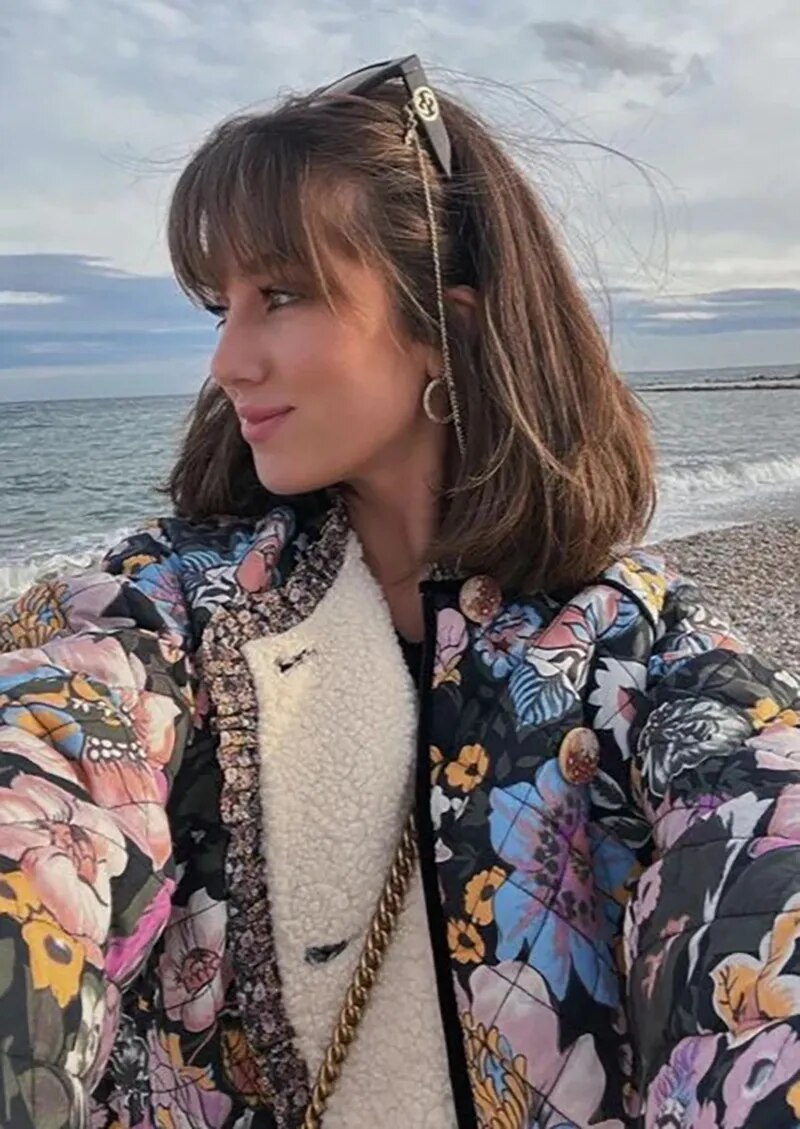 Flower Printed Spliced Coat Women Fashion Long Sleeve Thick Warm Cotton Jacket Casual Autumn Winter Female Streetwear