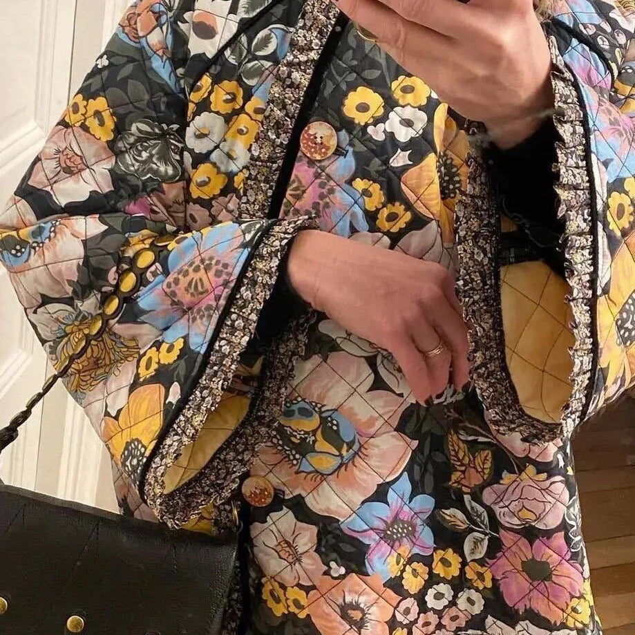 Flower Printed Spliced Coat Women Fashion Long Sleeve Thick Warm Cotton Jacket Casual Autumn Winter Female Streetwear