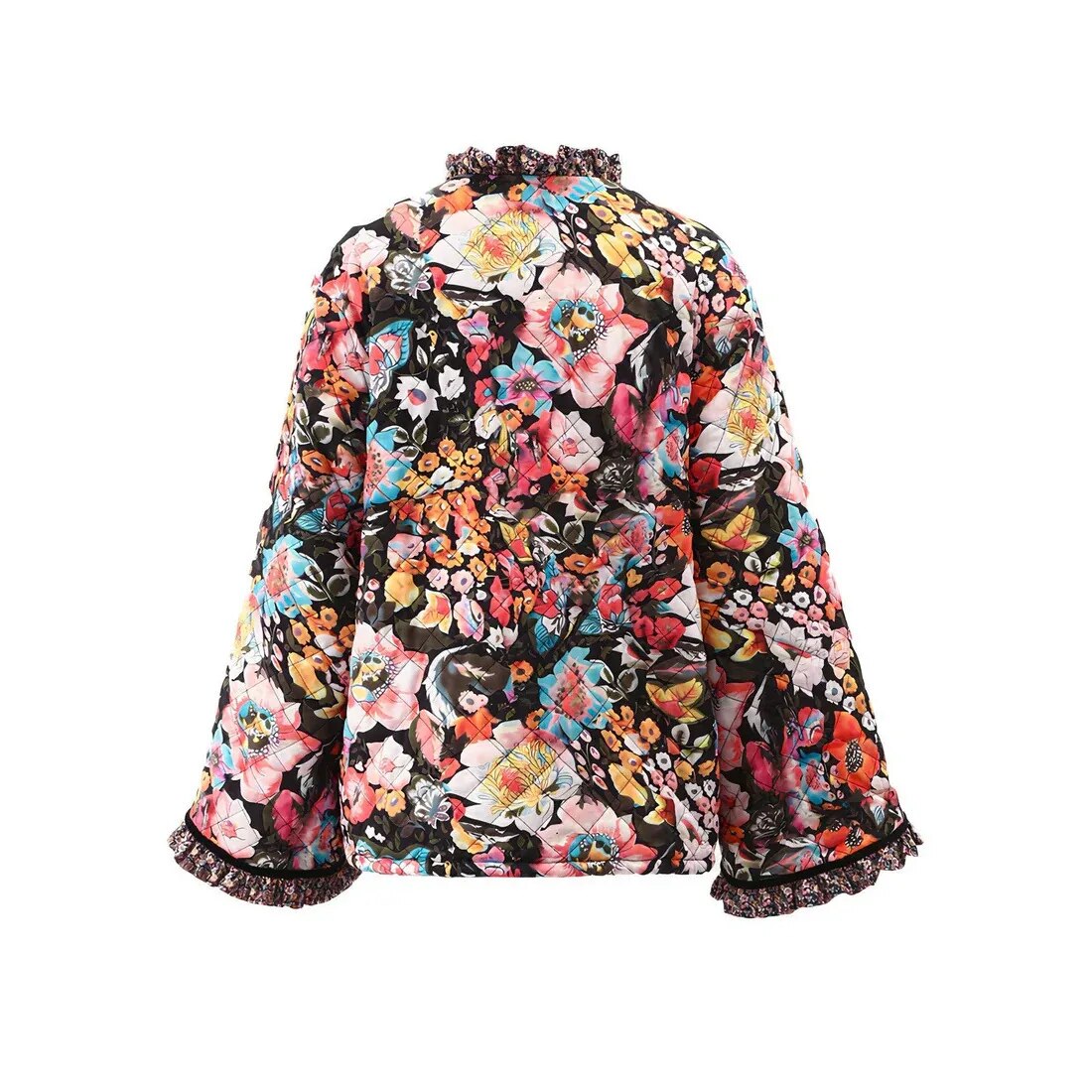 Flower Printed Spliced Coat Women Fashion Long Sleeve Thick Warm Cotton Jacket Casual Autumn Winter Female Streetwear