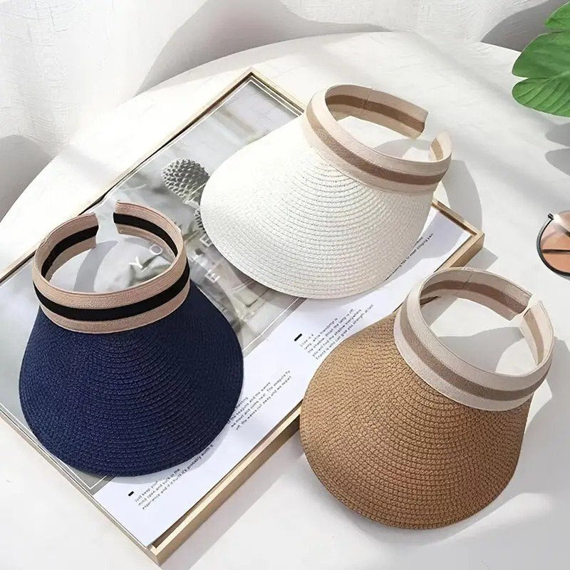 Foldable Straw Sun Visor for Women with Wide Brim Perfect for Outdoor Activities Beach and Picnics (White)