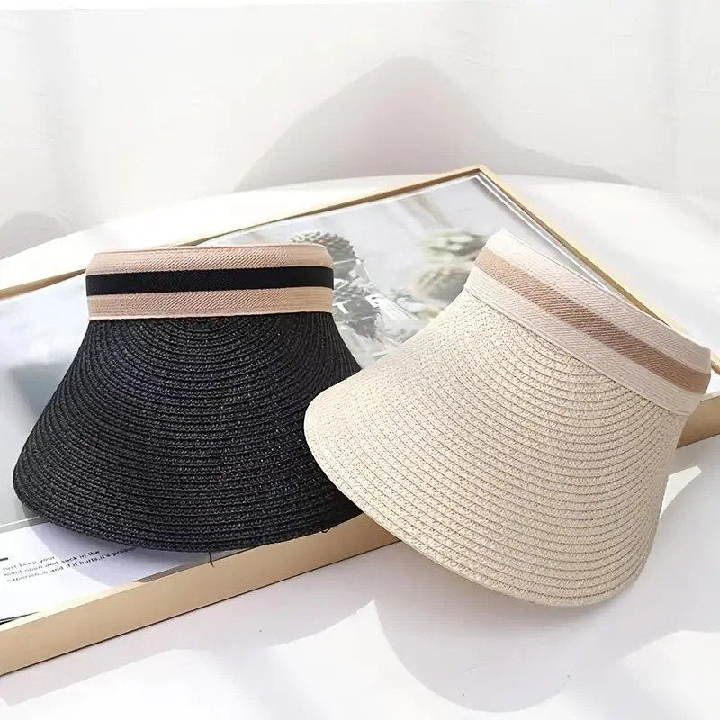Foldable Straw Sun Visor for Women with Wide Brim Perfect for Outdoor Activities Beach and Picnics (White)