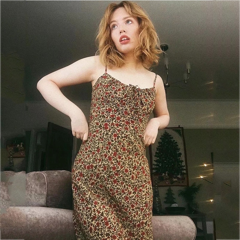 Foridol Strap Sleeveless Print Boho Summer Dress Long Green Floral Yellow Dress