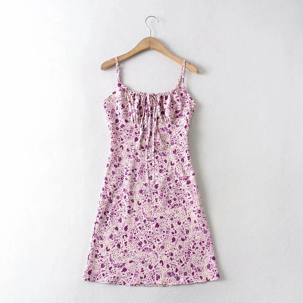 Foridol Strap Sleeveless Print Boho Summer Dress Long Green Floral Yellow Dress Mini Style Purple