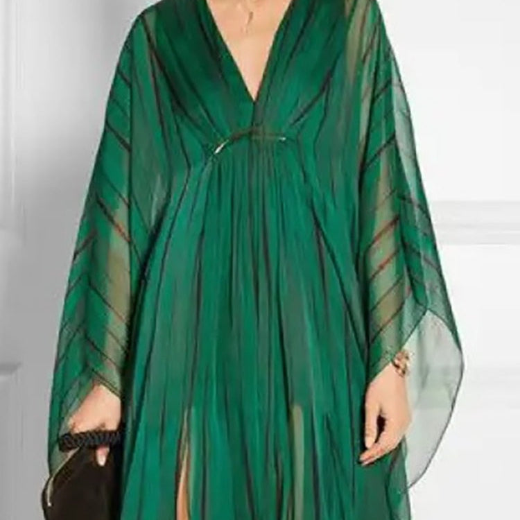 Freeacy Female 2024 New Deep V-Neck Long Sleeves Loose Dress Striped Split-Front Maxi Dresses For Women Elegant Party Dress