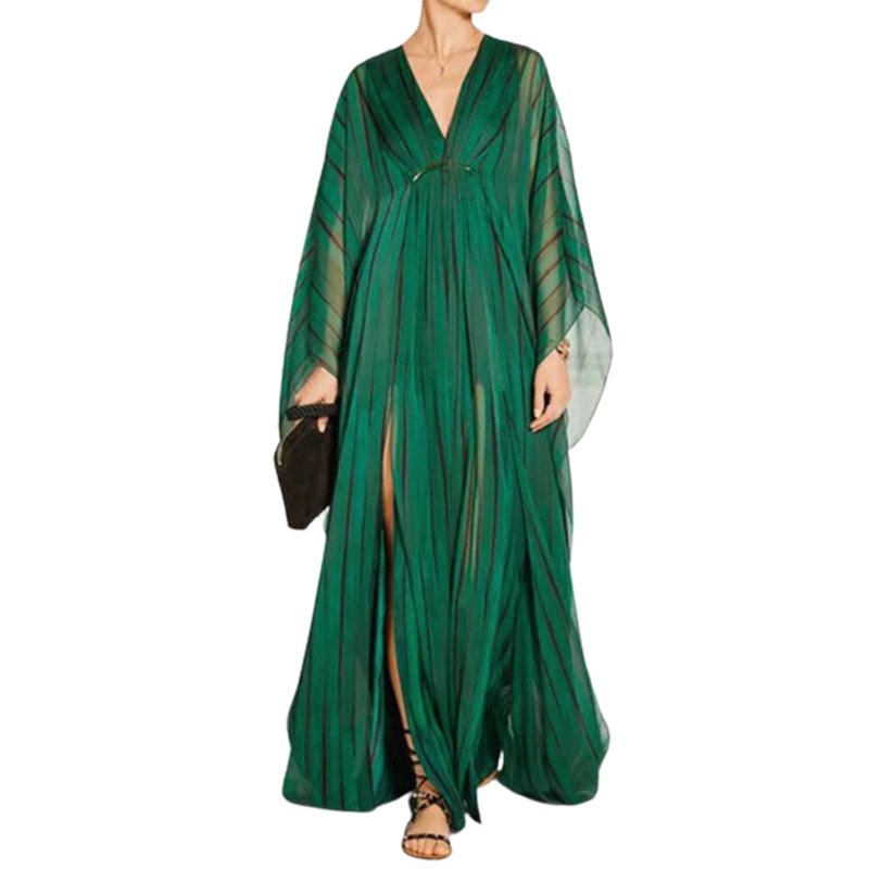 Freeacy Female 2024 New Deep V-Neck Long Sleeves Loose Dress Striped Split-Front Maxi Dresses For Women Elegant Party Dress GREEN