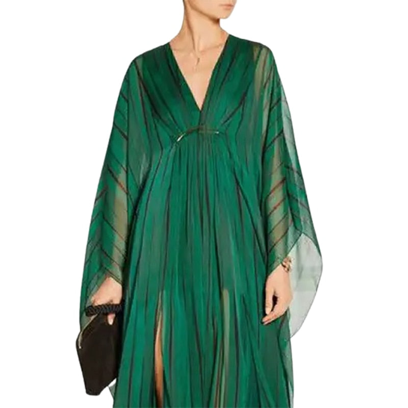 Freeacy Female 2024 New Deep V-Neck Long Sleeves Loose Dress Striped Split-Front Maxi Dresses For Women Elegant Party Dress