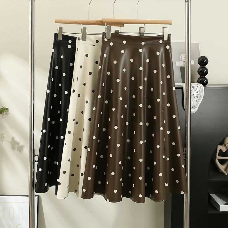 French Chic Long Skirts for Women Dot Print A-line High Waist Female Leather Skirt Elegant Streetwear Autumn Pu Skirt Dropship AMAIO