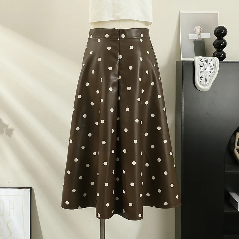 French Chic Long Skirts for Women Dot Print A-line High Waist Female Leather Skirt Elegant Streetwear Autumn Pu Skirt Dropship