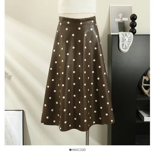 French Chic Long Skirts for Women Dot Print A-line High Waist Female Leather Skirt Elegant Streetwear Autumn Pu Skirt Dropship kase