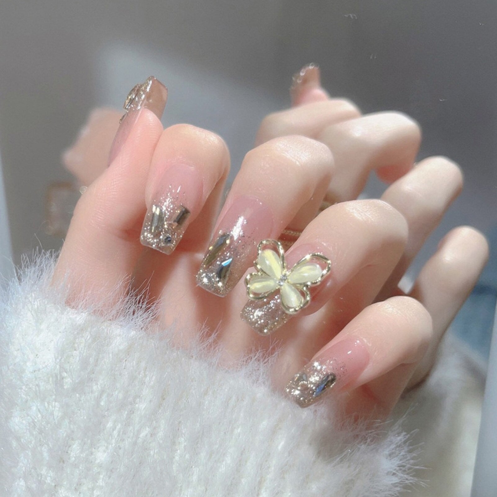 French Style False Nails Glitte Bow Design Fake Nail Patch False Nail Patch Mid Length Coffin Ballerina Acrylic Artificial Nails 1008401