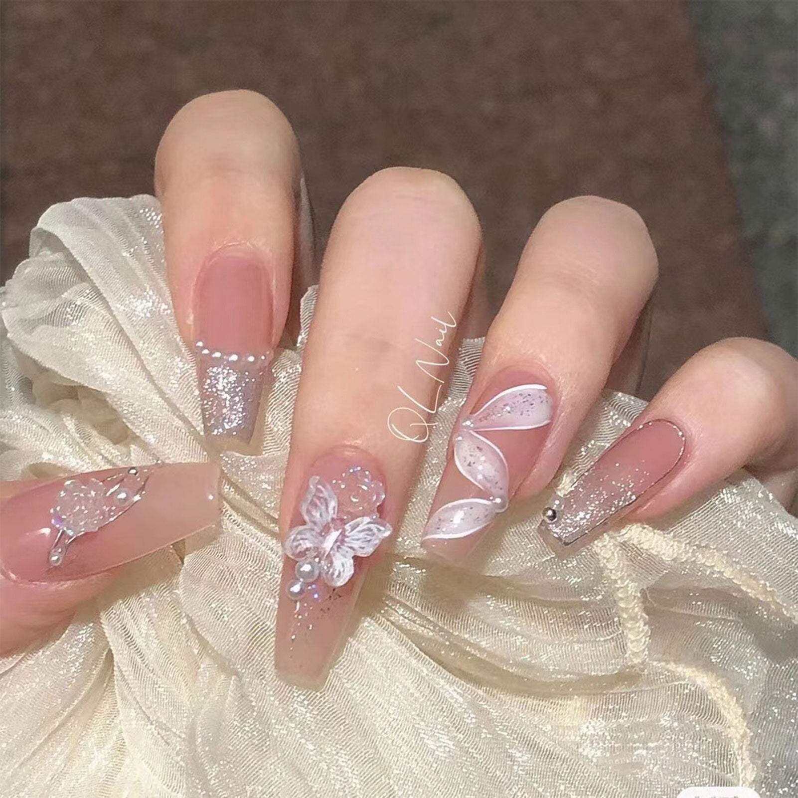 French Style False Nails Glitte Bow Design Fake Nail Patch False Nail Patch Mid Length Coffin Ballerina Acrylic Artificial Nails 767885