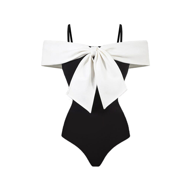 French Vintage Bow One Piece Swimsuit Black
