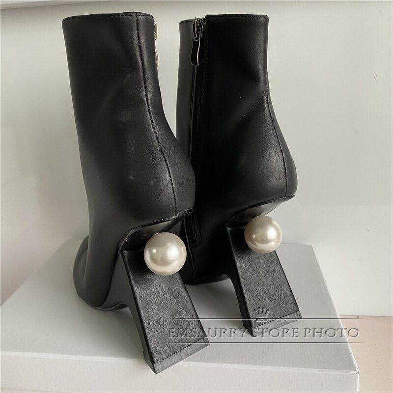 Fretwork Heel Pearl Decor Ankle Boots Women Black Genuine Leather Sexy Point Toe Side Zip Autumn Winter Runway Booties
