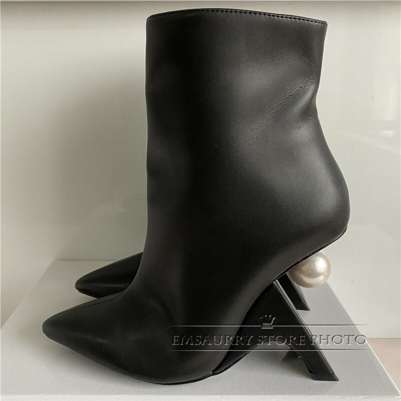 Fretwork Heel Pearl Decor Ankle Boots Women Black Genuine Leather Sexy Point Toe Side Zip Autumn Winter Runway Booties