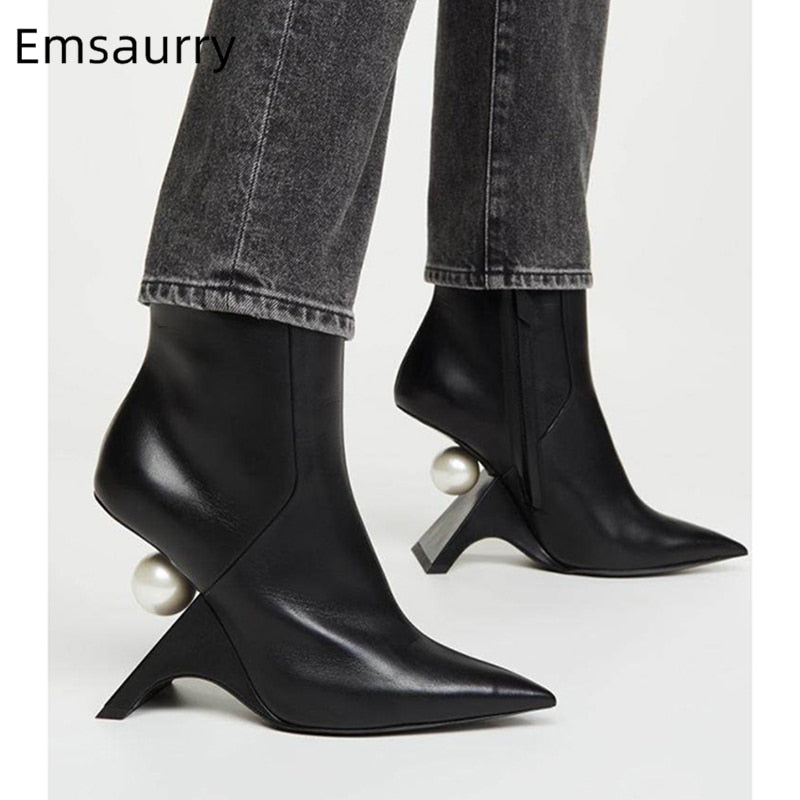 Fretwork Heel Pearl Decor Ankle Boots Women Black Genuine Leather Sexy Point Toe Side Zip Autumn Winter Runway Booties