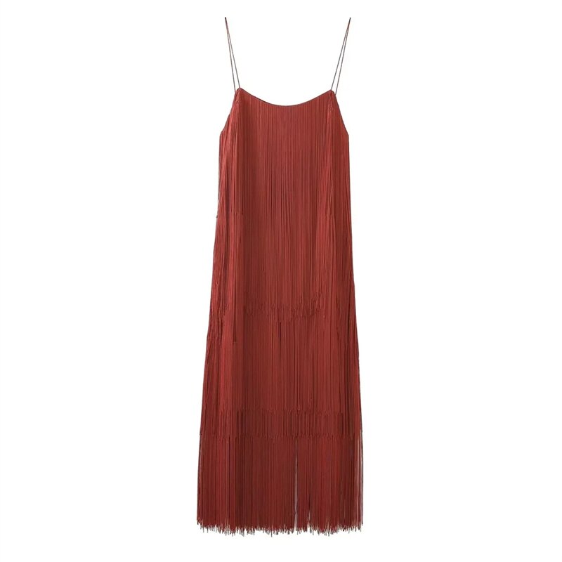 Fringed Slip Midi Dresses For Woman Sexy Backless Luxury Party Dress Woman Vintage Brown Sleeveless Dress Summer Dress Dark Brown