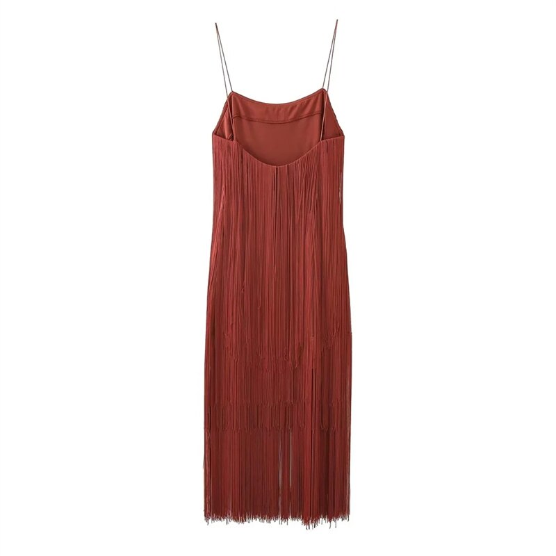 Fringed Slip Midi Dresses For Woman Sexy Backless Luxury Party Dress Woman Vintage Brown Sleeveless Dress Summer Dress