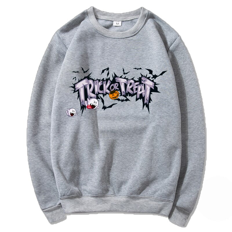 Funny cartoon Halloween printing round neck long sleeve sweater comfortable Halloween costume Gray