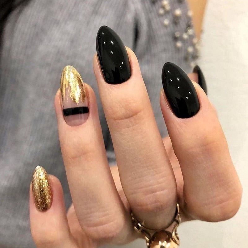 GAM-BELLE Almond Shape False Nails Black Gold Glitter Foil Design Press On Fake Nails Art Extension Tips With Glue Manicure Tool AMAIO